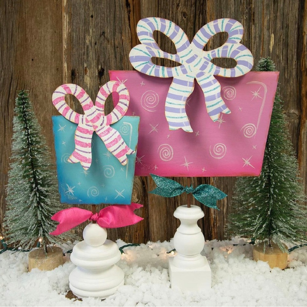 Festive Metal Gift Box Decorations with Bows and Stakes Set of 2